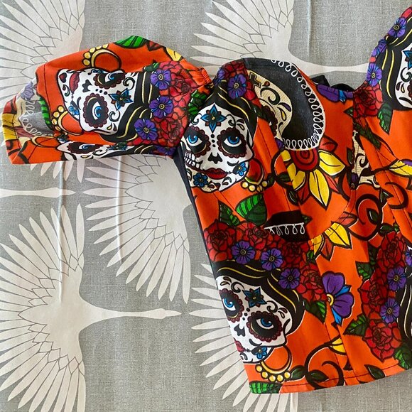 Day of the dead corset top with boning and lace up back - Picture 4 of 8